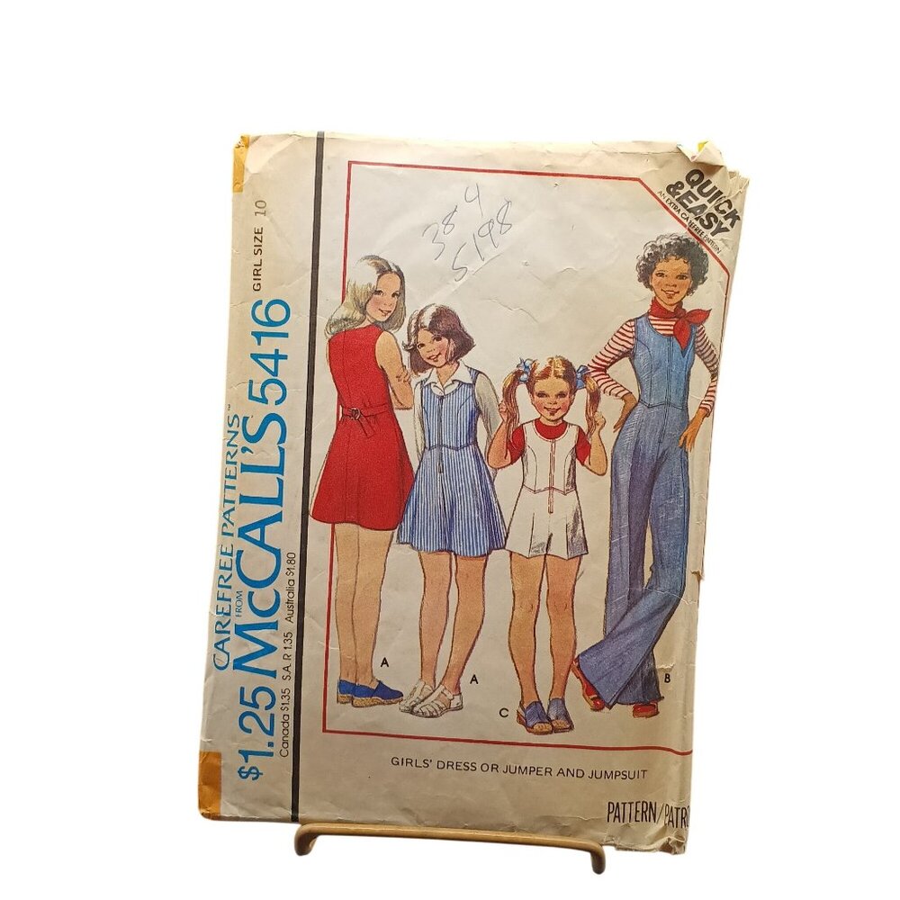 Vintage McCalls 5416 Girls Dress Or Jumper & Jumpsuit Sewing Pattern Sz 10 1970s